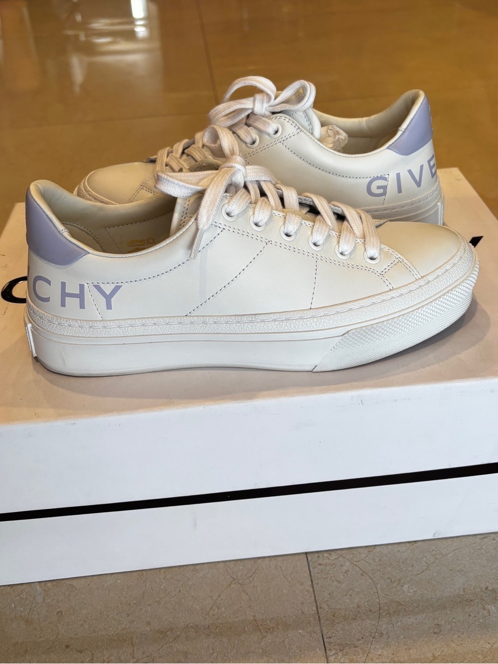 Givenchy City Platform White Leather Low-Top Sneakers with Blue Heel Panel